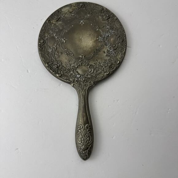 Vintage Vanity Hand Mirror Silver Plate Repousse Raised Ornate Roses - Picture 1 of 7